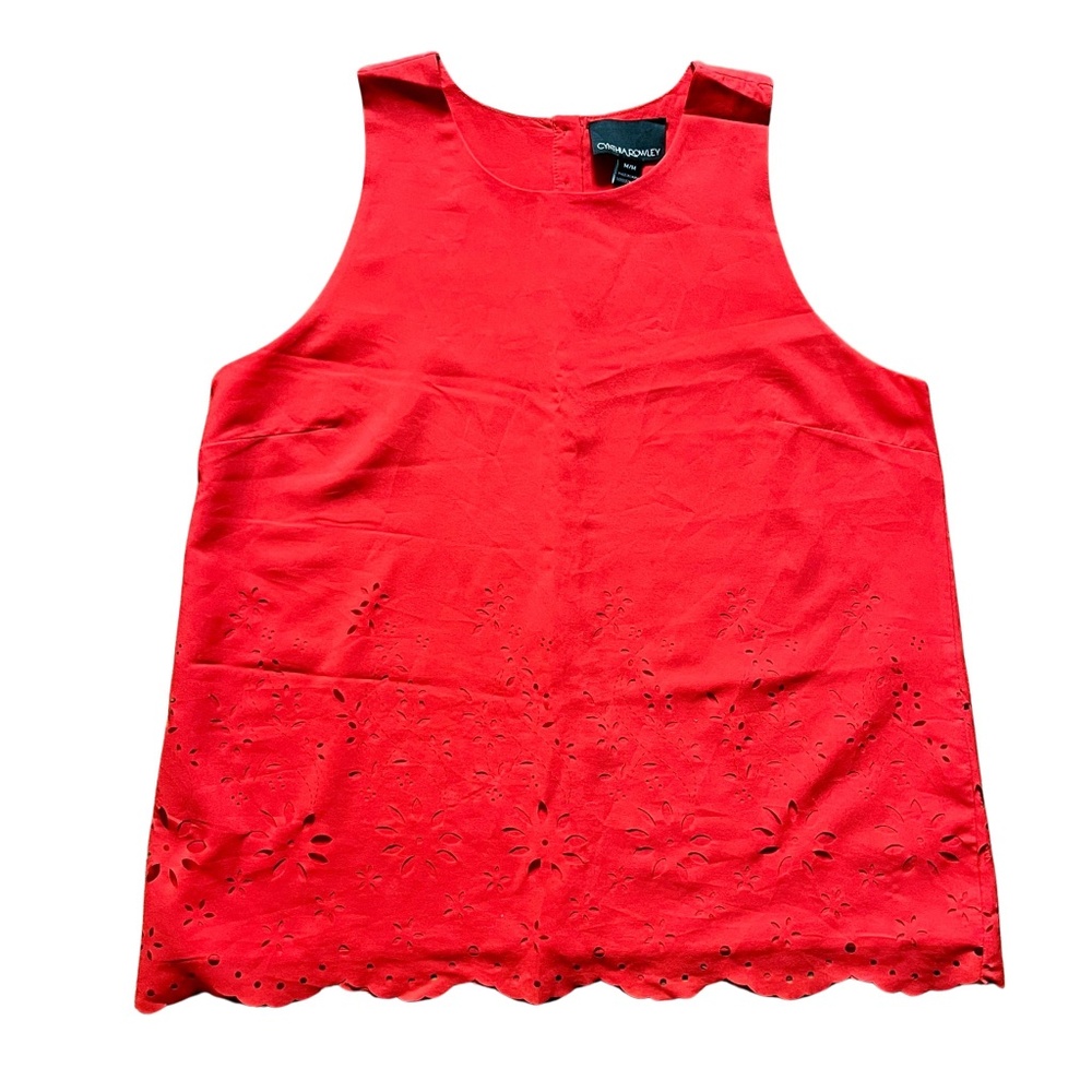 Orange Sleeveless Cynthia Rowley Blouse w/ Laser Cut Floral Hem Scalloped Edges